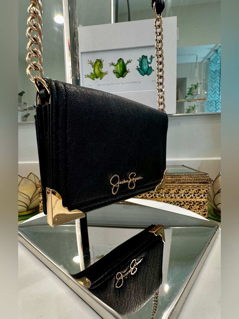 Jessica Simpson Black Crossbody Wallet w/ Gold-Toned Corner & Chain Accents EUC